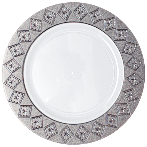 10.25 Inch White and Silver Round Plastic Dinner Plate - Imperial - Posh Setting