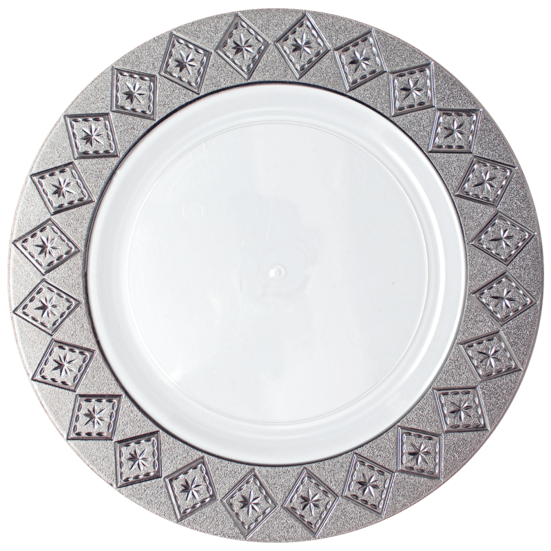 10.25 Inch White and Silver Round Plastic Dinner Plate - Imperial - Posh Setting