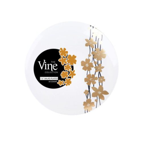 Black and Gold Round Plastic Plates - Vine