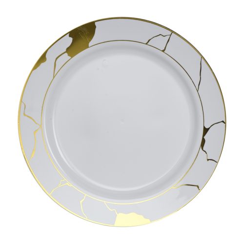 10.25 Inch White and Gold Round Plastic Dinner Plate - Marble - Posh Setting