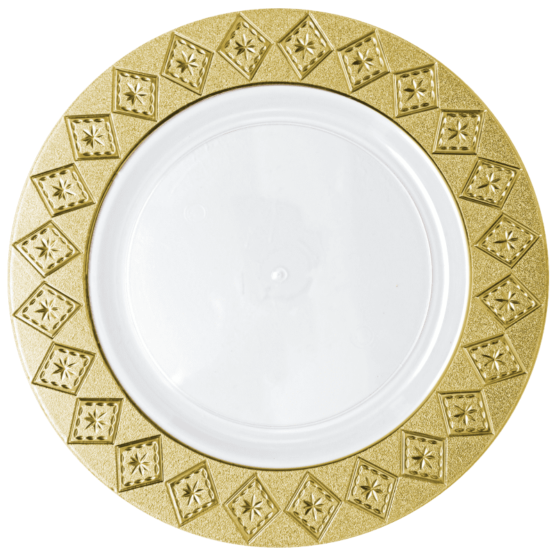 10.25 Inch White and Gold Round Plastic Dinner Plate - Imperial - Posh Setting