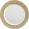 10.25 inch White and Gold Round Plastic Dinner Plate - Lace - Posh Setting