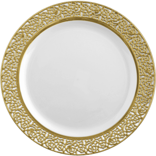 10.25 inch White and Gold Round Plastic Dinner Plate - Lace - Posh Setting