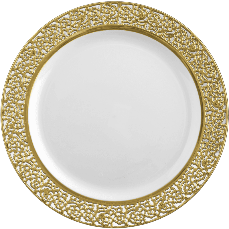 10.25 inch White and Gold Round Plastic Dinner Plate - Lace - Posh Setting