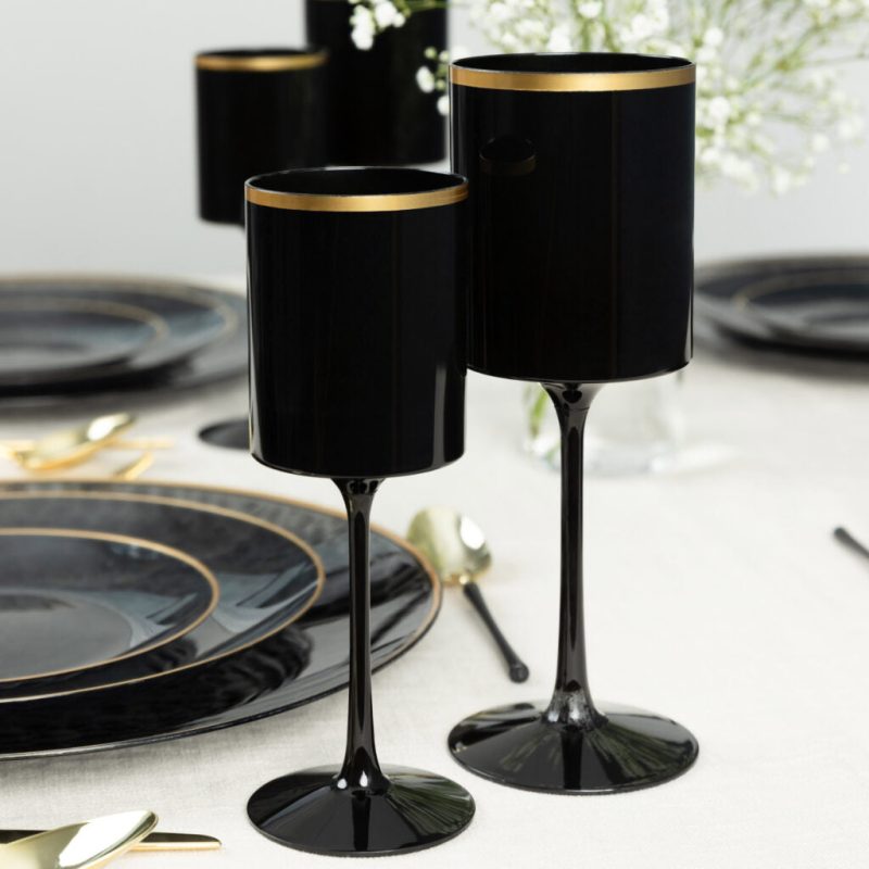 black and gold plastic stemmed wine glass 14 oz 2