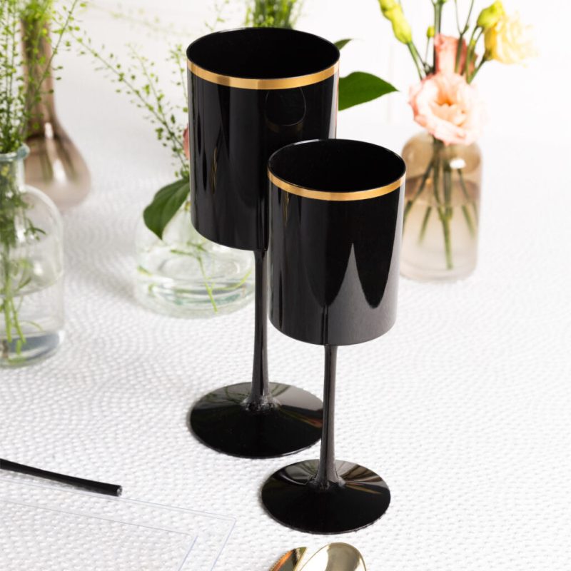 black and gold plastic stemmed wine glass 9 oz 2