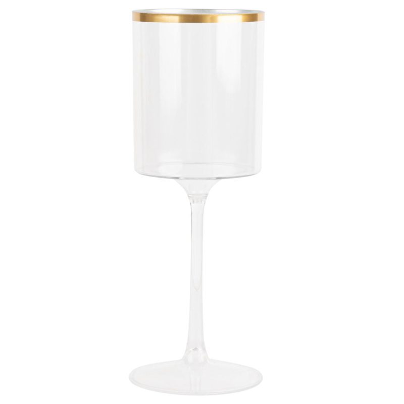 clear and gold plastic stemmed wine glass