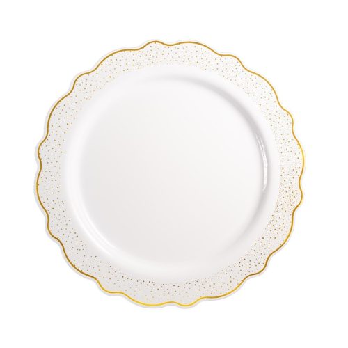 10.25 Inch White and Gold Round Plastic Dinner Plate - Confetti - Posh Setting