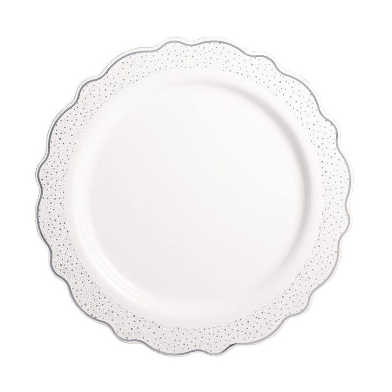 10.25 Inch White and Silver Round Plastic Dinner Plate - Confetti - Posh Setting