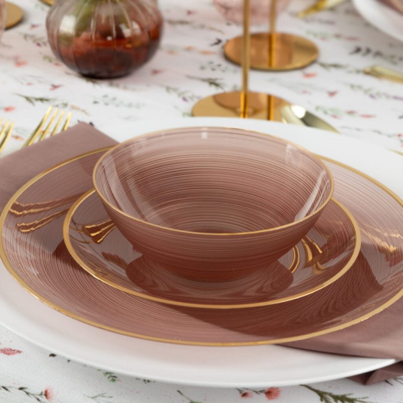 rose and gold rim plastic dinnerware