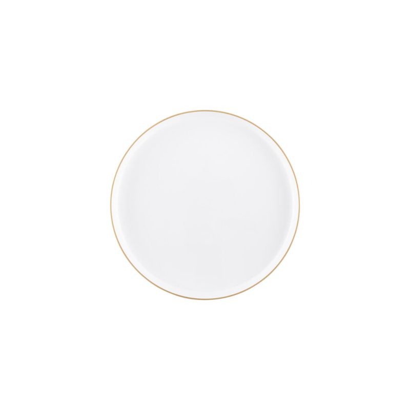 white and gold rim plastic plate on white background