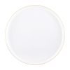 white and gold rim plastic plate on white background