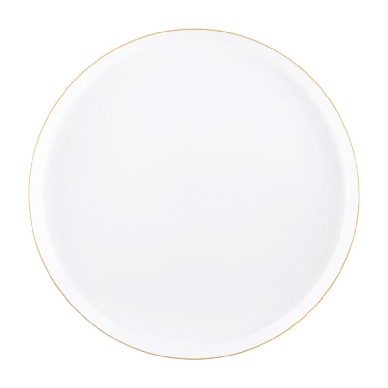 white and gold rim plastic plate on white background